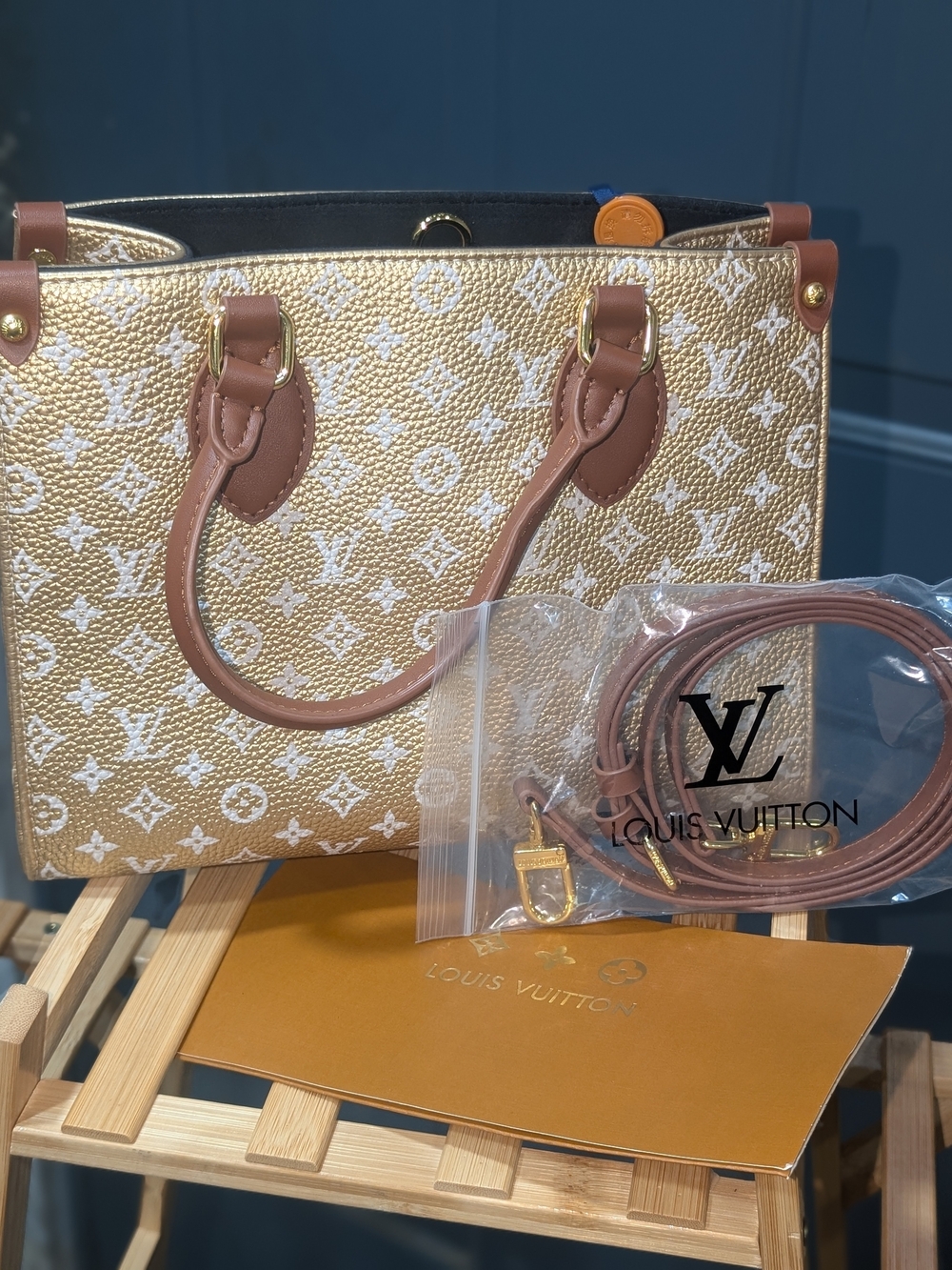 Fashion Inspired Gold & Tan Monogram Satchel with Removable Strap